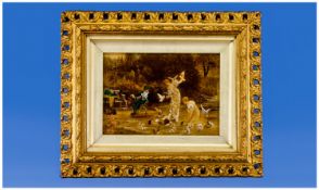 Victorian Hand Finished Mezztint, subject Regency Garden Scene with Figures. With gold gilt ornate