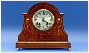 Edwardian Inlaid Mahogany Cased Mantle Clock striking on 4 gongs, Marked Astral Coventry. 10`` in