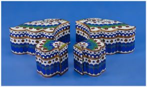 20th Century Cloisonne Enamel Matched Set Of Leaf Shaped Lidded Boxes, four in total. Geometric