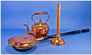 Three Copper Items comprising bed warming pan, `Simplex Baby` Plunger and kettle.