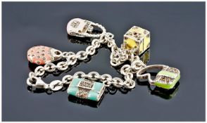 Silver Charm Bracelet, Set With Five Different Coloured Enamelled Handbags. Stamped 925