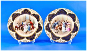 A Pair of Chechoslovaki Hand Finished Vienna Style Cabinet Plates with gold borders. Each 10.75