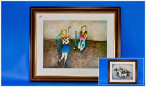 Pair of Mixed Media Framed Paintings. Modern `Comical Sporting Figures`, 1. Girls playing Hockey 2.