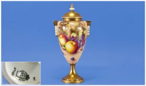 Royal Worcester Very Fine Hand Painted and Signed Two Handle Fruits Lidded Vase. ``Stillife Apples