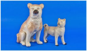 Two Mid 19th Century Pug Dogs. One 9 inches tall in a seated position, and one stood on all fours,