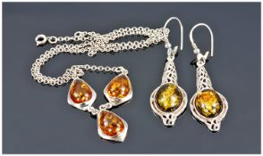 Amber Necklace and Earring Set. (earrings stamped silver).