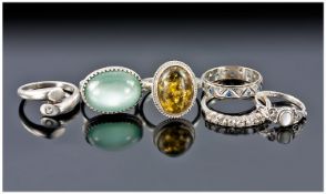 Collection Of 6 Silver Rings, Stone And Paste Set