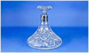 Vintage Excellent Quality Silver Collared Cut Crystal Ships Decanter, Hallmark Birmingham 1950. 8.