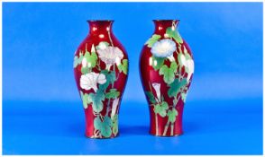 Pair of Cloisonne Baluster Vases, decorated with a variety of convolvulus, one vase showing white