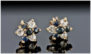 Pair Of 9ct Gold Stud Earrings Each Set With 4 Sapphires And 3 Round Diamonds, Unmarked, Tests 9ct,