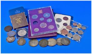 A Collection of Coins and Coin Sets, includes A). Silver crown- proof coin Queens Jubilee 1977. B).