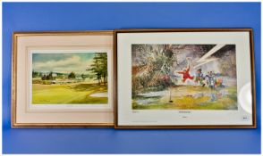 Golfing Interest, 2 Framed Coloured Limited Edition Prints, framed & mounted behind glass. 1. Off