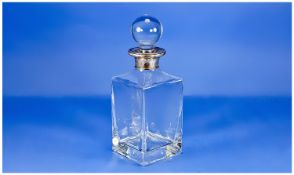 Vintage Excellent Quality Silver Collared Cut Glass Decanter  in plain form, ice cube finish. 10``