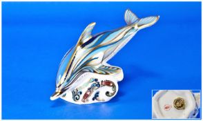 Royal Crown Derby Paperweight ``Stripe Dolphin``. Retired 2006. With gold stopper. 6.75 inches in