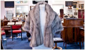 Platinum Mink Cape Style Stole, silver grey with slightly darker shadow stripe, pale grey sateen