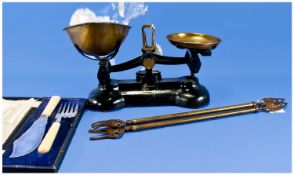 Ibrasco Brass Scales together with boxed fish set & a pair of brass fire irons.