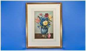 Enoch Fairhurst (born 1874) lived in Bolton, Still life of roses in a blue vase, watercolour,