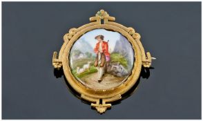 A Gold Coloured Arts & Crafts Style Metal Brooch, with inset enamel picture of an 18th Century