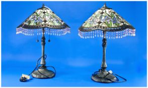 Pair of Tiffany Style Table Lamps,  Pewtered Base, the Shade in Leaded Glass with lilac, green and