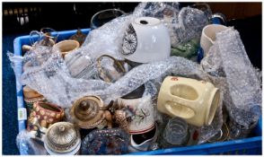 Box Of Ceramics & Glass Including various tankards, some lidded, trays, tots, measuring jugs, glass