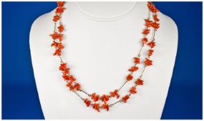 A Vintage Coral Necklace Fitted on Gold Wire. c.1920`s. 35 inches in length. 19.6 grams.