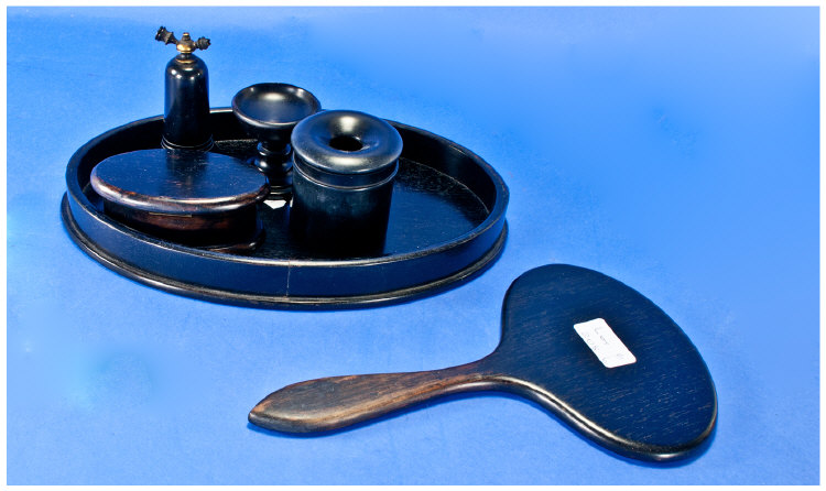 Victorian Ladies Ebony Six Piece Dressing Table Set including tray, atomiser, hand mirror, lidded