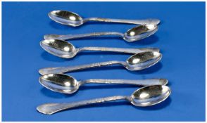 Danish Silver. A Set of Six Art Deco Spoons. Each lightly planished throughout. Copenhagen mark for