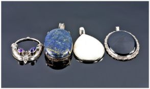 Collection Of 4 Silver Pendants, Set With Mother Of Pearl, Lapis Lazuli, Black Jet And Amethyst