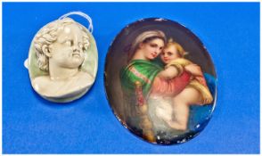 K.P.M. Style Hand Painted Oval Ceramic Plaque ``Mother and a Child``. 3.25 by 2.5 inches, plus a
