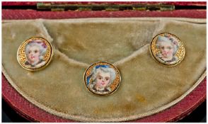 Boxed Set Of 3 French 18ct Gold Enamel Studs, Each Showing A Female Bust Of Circular Form