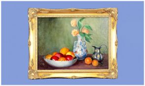 W. Shackleton. Stillife of Apples in a Bowl, Flowers and a metal jug with a handle. All resting in