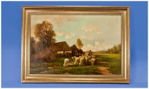 J. Wouters Oil On Board, a farmer driving a flock of sheep along a path near a farm cottage.