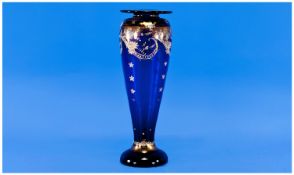 Bristol Blue Glass Vase of tapering form with etched floral & swirl decoration. 13`` in height