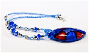 Murano Glass Pendant Necklace, the pendant a domed marquise shape in royal blue and rich red