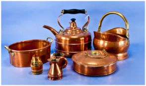 Collection Of Copper Items Including small coal scuttle with brass handle, hot round water bottle,