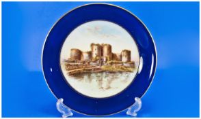 Royal Worcester Cabinet Plate `Harlech Castle`, hand finished, subtly coloured, printed scene of