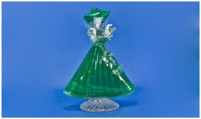 Murano Fine Courtesan Glass Figure, Emerald green colourway. Circa 1960`s. Stands 9.5`` in height.