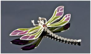Silver Enamelled Brooch, Realistically Modelled In The Form Of A Dragonfly. 44 x 60mm, Stamped 925