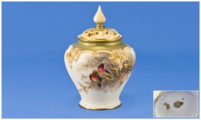 Royal Worcester Signed and Hand Painted Potpourri Lidded Vase ``Robins``. Signed James Stinton,
