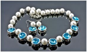 Bright Turquoise Crystal and White Faux Pearl Necklace and Earring Set, the necklace comprising