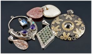 Collection Of 6 Silver Mounted Pendants Set With Various Coloured Stones 4 Stamped 925, 2 Unmarked