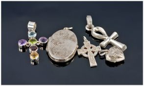 3 Silver Crosses, One Gemset Together With 2 Silver Hinged Lockets, Some Unmarked Others Stamped