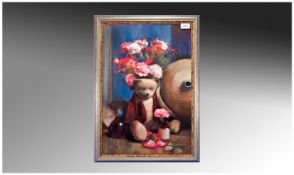 Bohuslav Barlow 1947 `Teddy Bear And Flowers`, mixed media. Signed. Mounted and framed behind