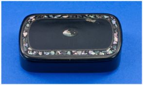 19th Century Black Lacquer Papier Mache Snuff Box with mother of pearl inlay. 2x1.25``