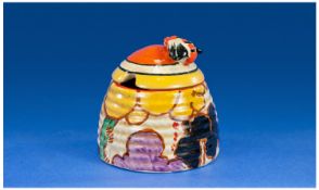 Clarice Cliff Beehive Preserve Pot and Cover ` Summerhouse` Design. c.1930. Height 3 Inches.