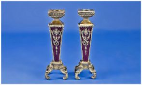 Pair Of Modern French Empire Style Enamel Candle Holders, Of Cast Construction, Height 5½ Inches