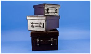 Modern Deluxe Chocolate Brown Leather Travel Boxes, 3 in total. The largest box with handles, size