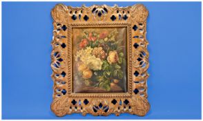 German/Austrian 19th Century Oil On Canvas Stillife `Flowers` within a black forest style carved