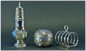Elkington & Co. Silver Plated Toast Rack, 3.75 inches high. Plus silver plated sugar sifter. 8