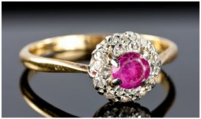 Edwardian 18ct Gold Ruby and Diamond Cluster Ring. Good colour ruby.